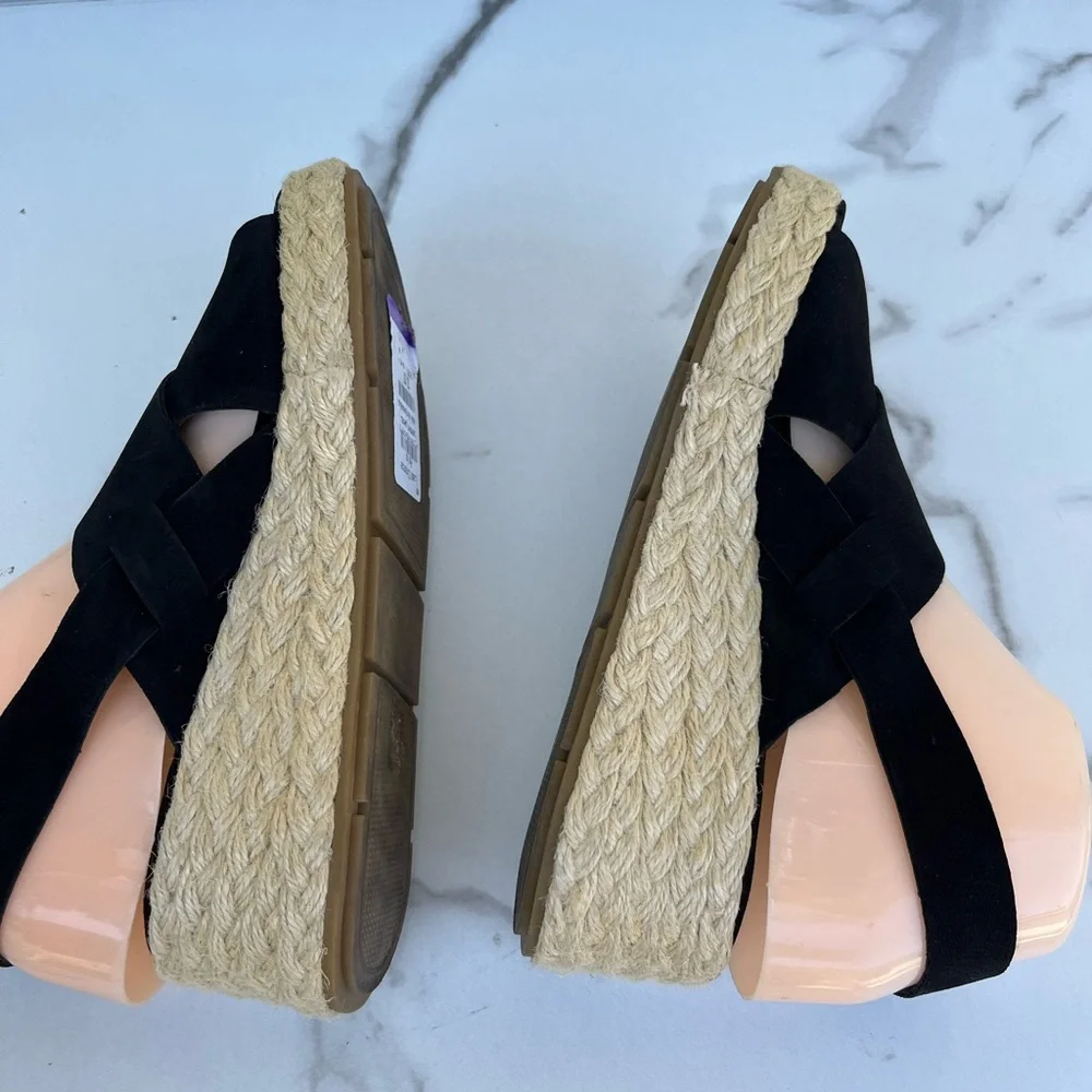 Women's Eileen Fisher Wedge Espadrilles black leather sandals size 6